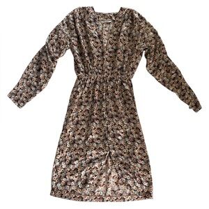 Tucker NYC Floral Brown‎ Cream Silk Midi Dress Women’s Size P / XS Long Sleeve